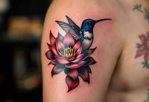 hummingbird and lotus flower, egyptian theme. Red and black colors only tattoo idea