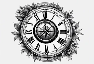 draw me a tattoo with an old clock and a compass rose. shadows of roman numerals are in the background. it is a tattoo located on the left shoulder of a man. it is black and white. tattoo idea