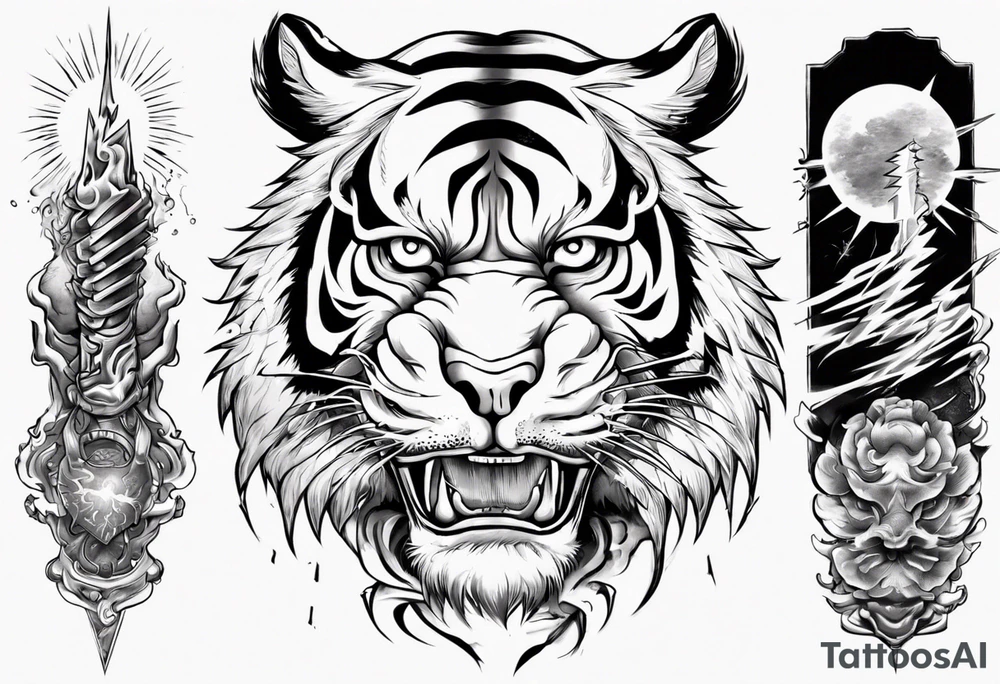Tiger warrior with lightning and the sun for a forearm sleeve tattoo idea