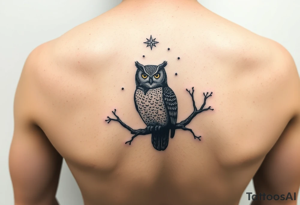 wise owl perched on ancient oak branch under starlit sky tattoo idea