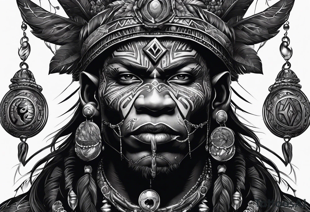 witch doctor, finely detailed, full bodied, dark fantasy style tattoo idea