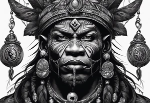 witch doctor, finely detailed, full bodied, dark fantasy style tattoo idea