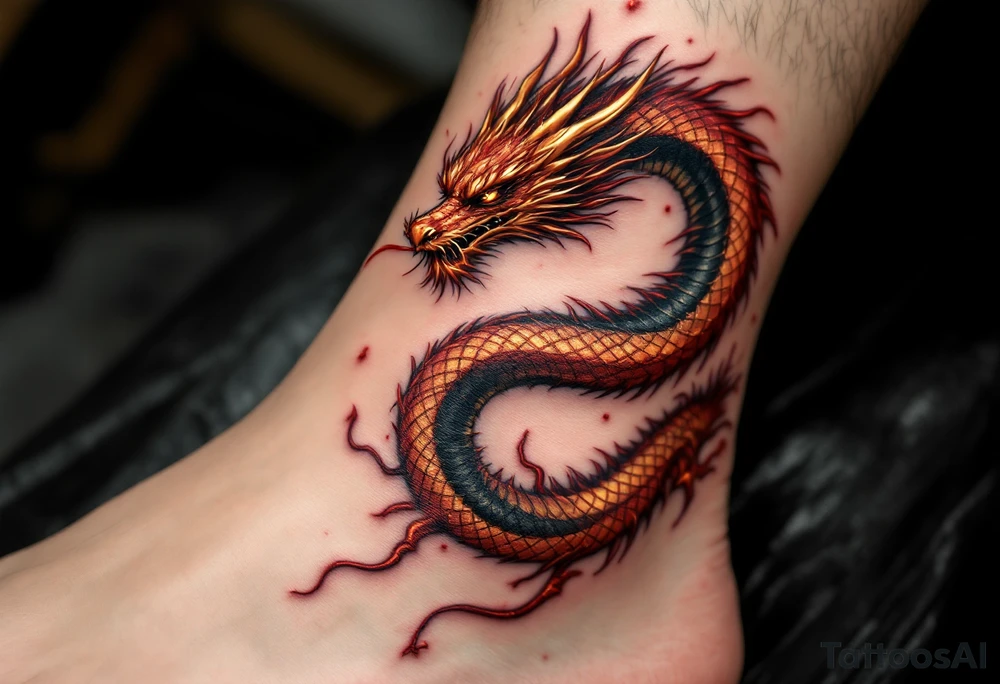 A 3D dragon wrapping around the leg, scales shimmering in metallic red and gold, looking as if it’s breathing fire. tattoo idea