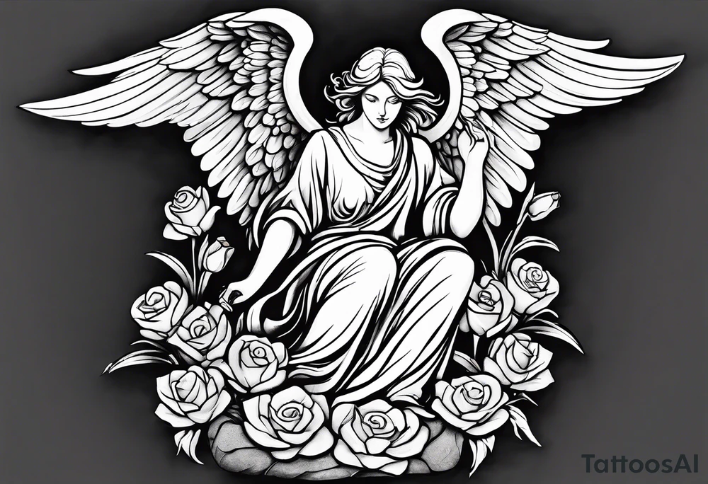 Simple Angel statue stood on a rock with daffodils and roses wrapped around its legs tattoo idea