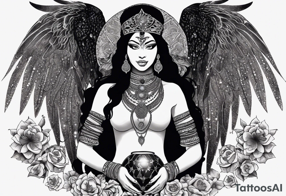 black kali, goddess pirate, alien, angel, pachamama, valkrye, warrior, flying, skull, lotus azul, wing, eagle, zenza resonance, stars, 5D, anahata chakra, death, durga, riding on a tiger, flying lady, kundalini, chest tatoo, samuri, rebel,serpent tattoo idea