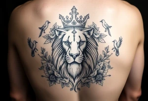 powerful majestic lion with a crown, surrounded by floral ornaments and birds tattoo idea