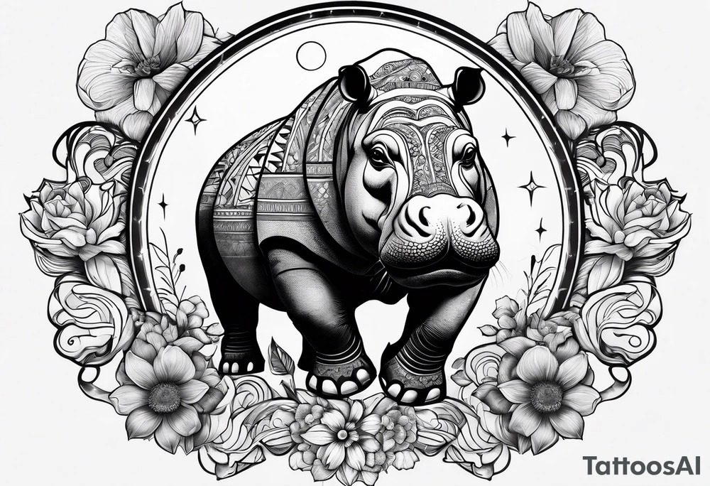 Hippo, flowers, moon, interstella, artic surreal,
Extreme fine lines, tribal, geometric, tattoo idea