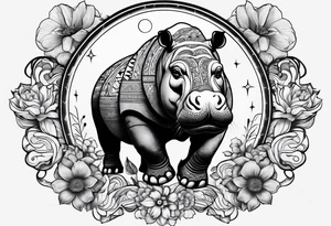 Hippo, flowers, moon, interstella, artic surreal, 
Extreme fine lines, tribal, geometric, tattoo idea