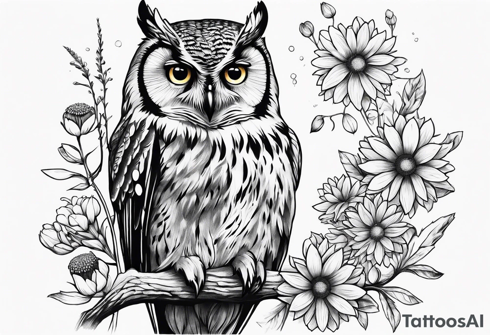 Owl and wildflowers half sleeve tattoo idea