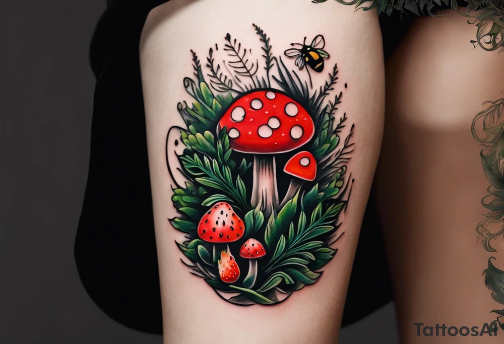 minimalistic forest floor inspired tattoo, which includes grass, curly ferns and dead leaves as the bulk of the tattoo. details to include: three  tiny strawberries, couple of very small mushrooms, a tiny bumblebee flying nearby tattoo idea