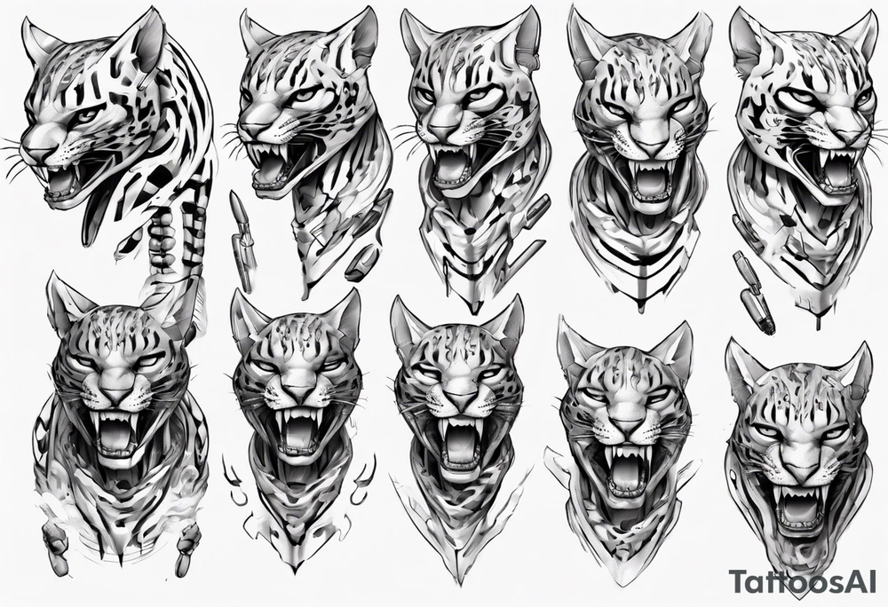 cybernetic ocelot full body teeth showing tattoo idea