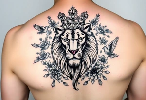 powerful majestic lion with a crown, surrounded by floral ornaments and birds tattoo idea