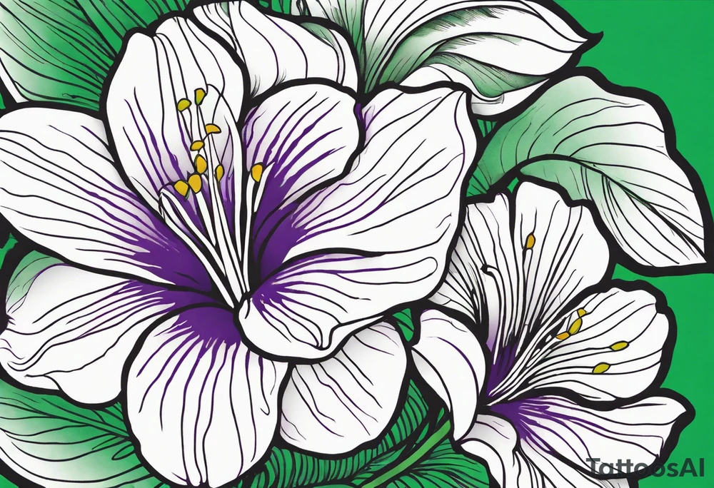 An outline of a rio dipladenia flower with a brush stroke green and purple background tattoo idea