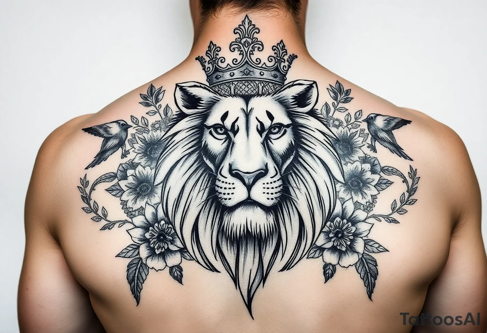powerful majestic lion with a crown, surrounded by floral ornaments and birds on a shoulder tattoo idea