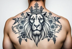 powerful majestic lion with a crown, surrounded by floral ornaments and birds on a shoulder tattoo idea