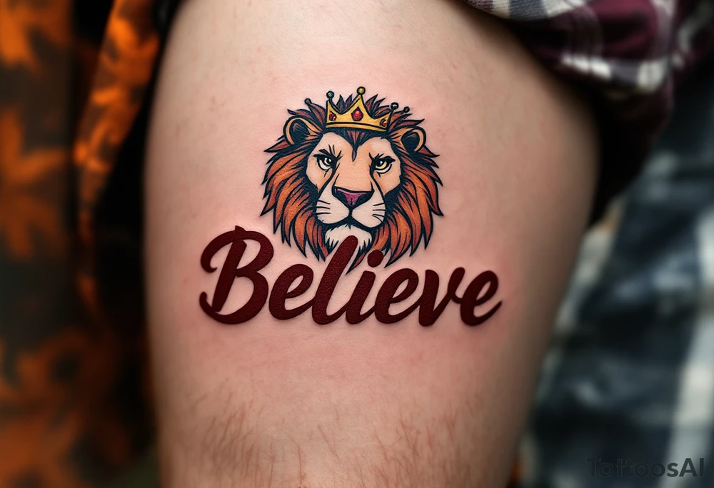 A bold "Believe" in deep crimson, with a crowned lion above it, representing strength and courage in one’s beliefs. tattoo idea