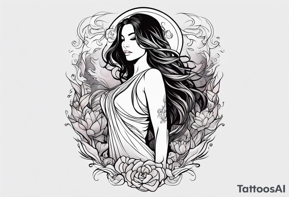 Resurrection Beautiful Woman walking through fire and chaos to inner peace and self-love  ethereal tattoo idea