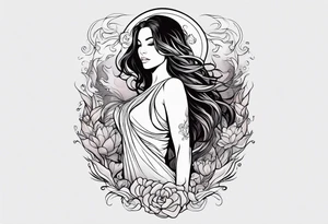 Resurrection Beautiful Woman walking through fire and chaos to inner peace and self-love  ethereal tattoo idea