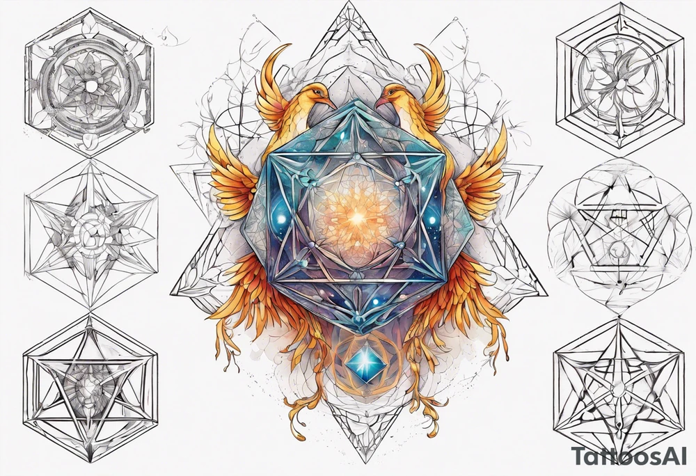 sacred geometry Metatron's cube with phoenix. Sleeve for woman's arm tattoo idea