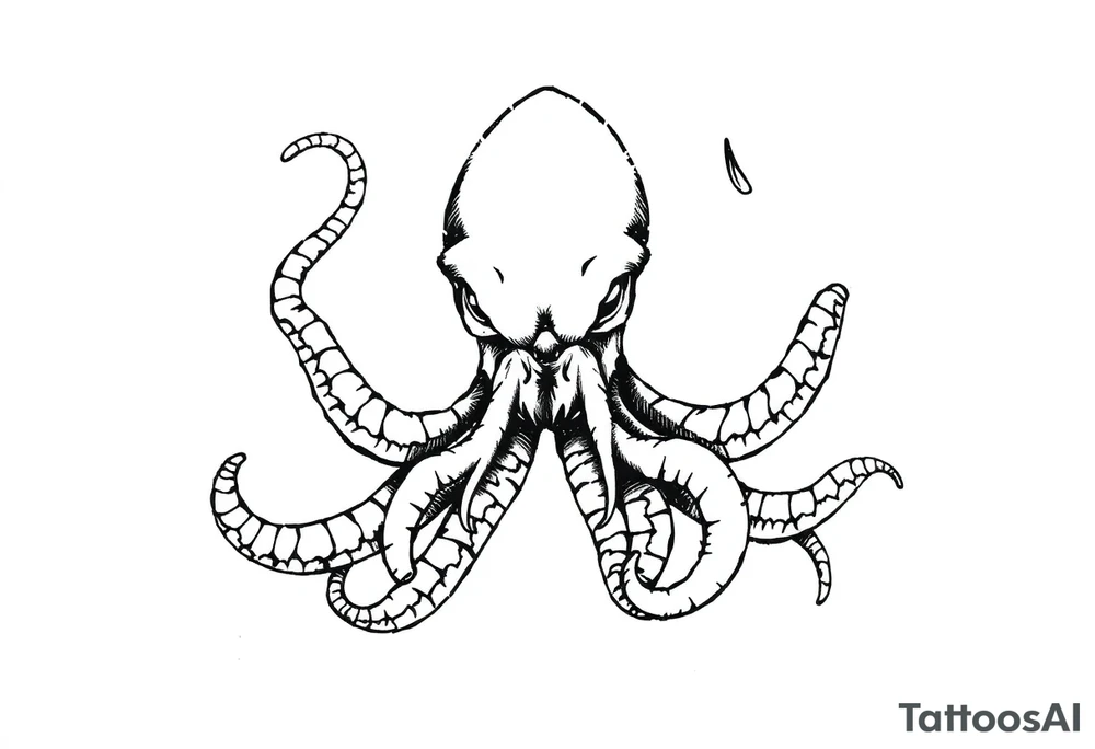 A minimalist blackwork tattoo design of an evil kraken The kraken is viewed from a 45-degree angle facing left, with its head centered. tattoo idea