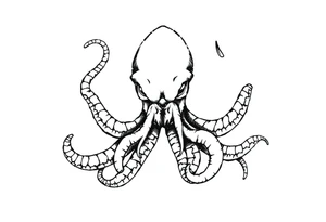 A minimalist blackwork tattoo design of an evil kraken The kraken is viewed from a 45-degree angle facing left, with its head centered. tattoo idea