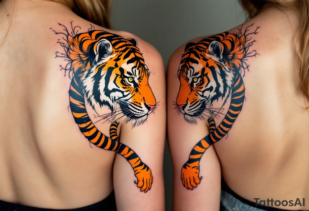 Matching couple orange and black tiger stripes wrapping around both partners upper arms tattoo idea