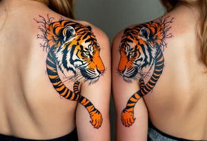 Matching couple orange and black tiger stripes wrapping around both partners upper arms tattoo idea