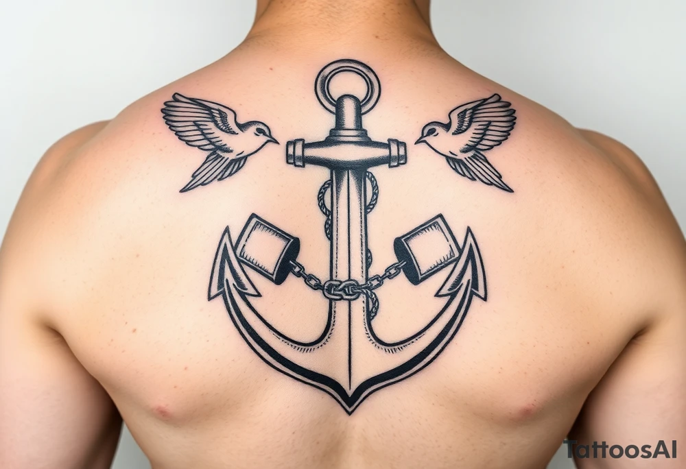 Anchor with crossed cannons and chain interwoven. with two swallows. Symetrical, clean. tattoo idea