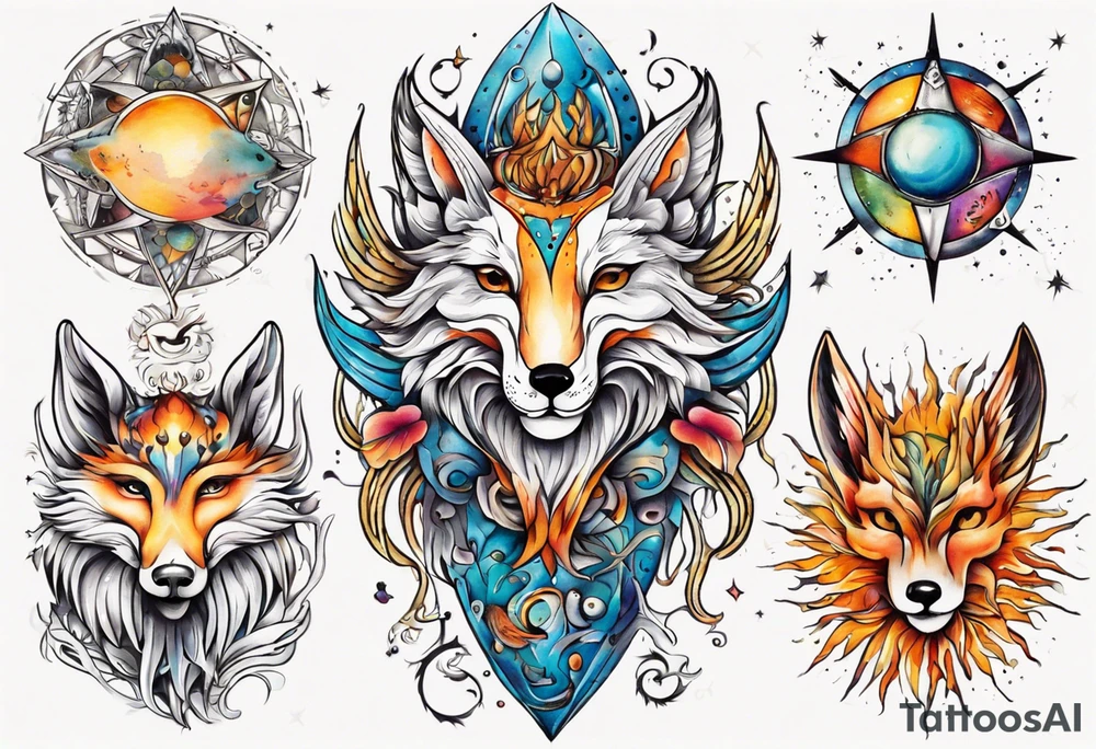 fisch, fuchs und eule , symetrie  sonne, universum, bunt, " sapere aude" tattoo idea