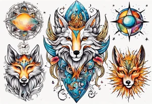 fisch, fuchs und eule , symetrie  sonne, universum, bunt, " sapere aude" tattoo idea