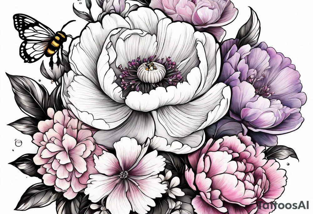 Vibrant peony with hydrangea and petunias foliage and a bee tattoo idea