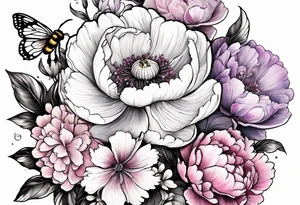 Vibrant peony with hydrangea and petunias foliage and a bee tattoo idea