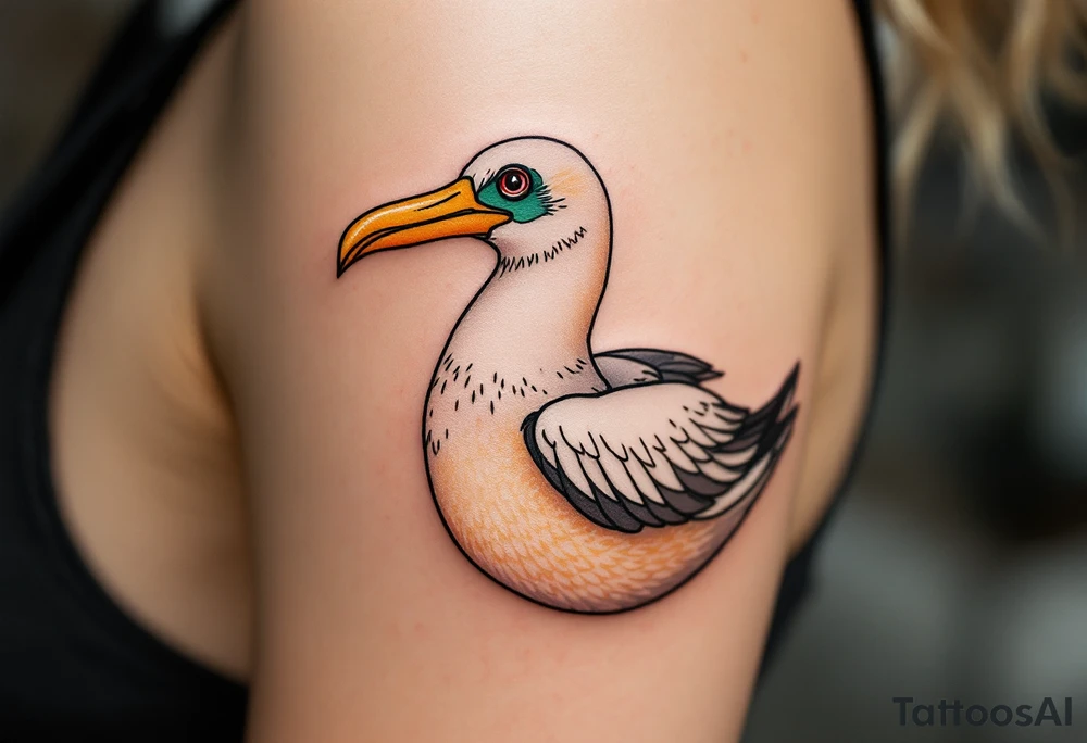 Neo-Traditional Albatross – Bold outlines with soft beige feathers, a rich golden beak, and green and maroon accents around the eyes and wings for modern contrast. tattoo idea
