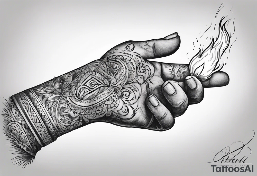 A hand holding fire tattoo idea