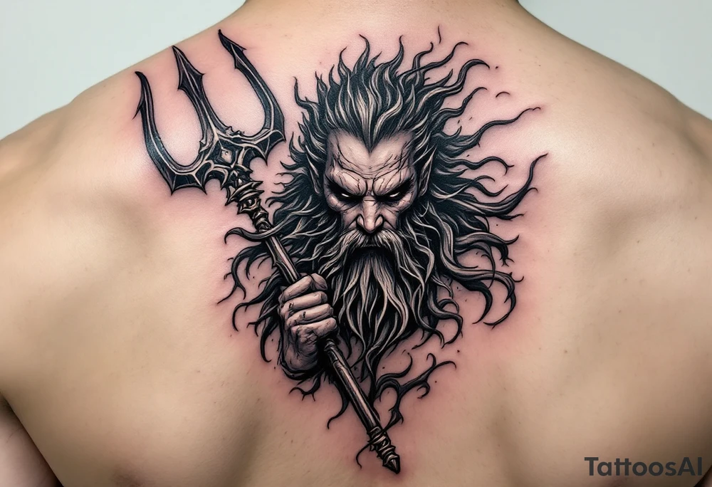 poseidon with huge trident tattoo idea