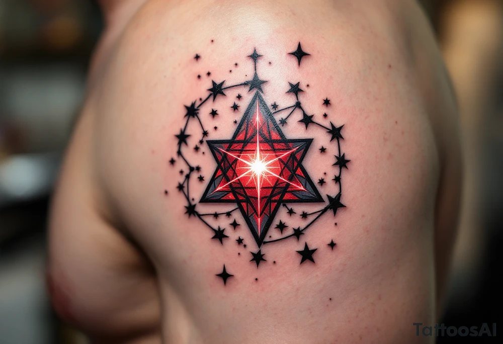 Bold black stars outline the Libra constellation while a red-ink glyph glows from the center. tattoo idea