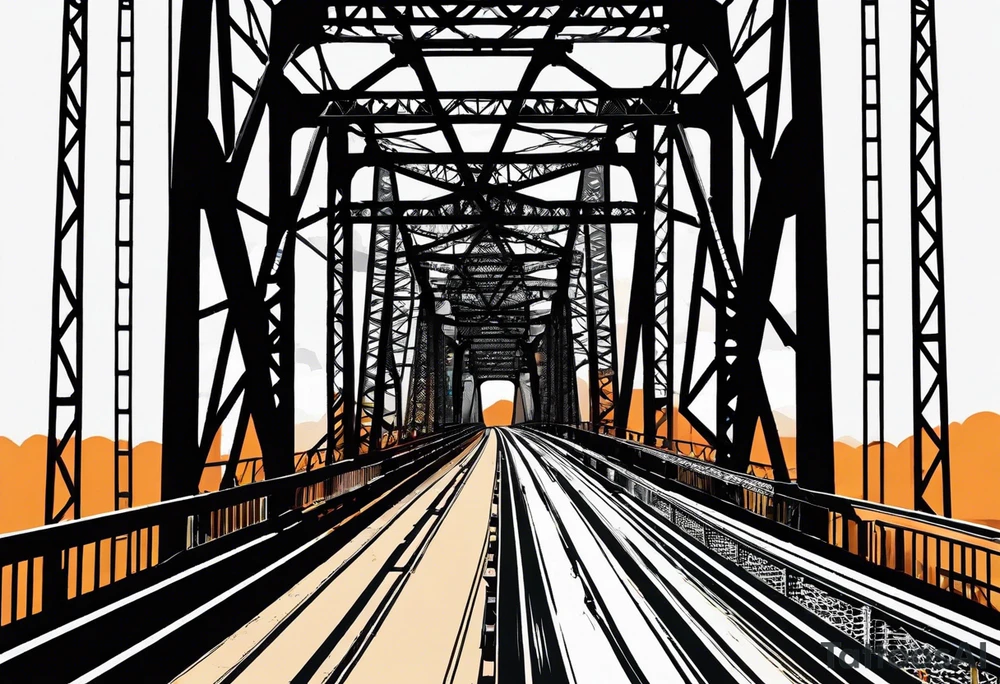 70's poster art, pop art, simple, view from under steel truss cantilever bridge tattoo idea