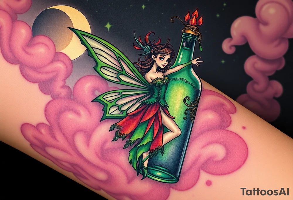 Tim Burton’s kelly doty pin up style Vintage Parisian elegant and hauntingly beautiful yet eerie full body absinthe Green Fairy dances outside her victorian crystal decatur she was once inside this elaborate ornate bottle absinthe bottle Absinthe Art Nouveau   and dripping with muted reds, dusty pinks, and eerie green glow.purple and cyan smokey clouds swirl in the crescent moonlit sky thats sprinkled with stars tattoo idea