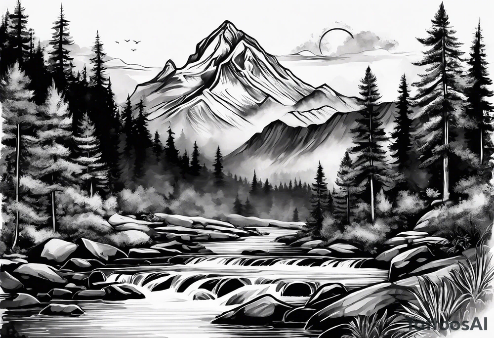Mountain scene with a river with a subtle peace sign. Use IT IS WELL written in the scene tattoo idea
