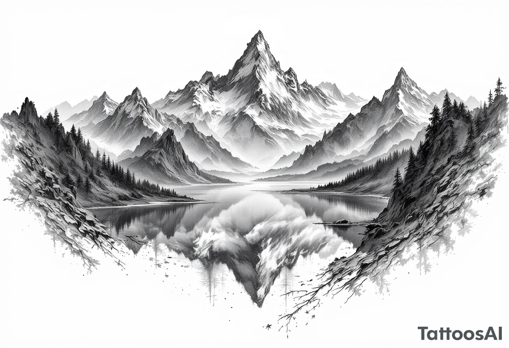 large lake with multiple mountains portrait sizing tattoo idea