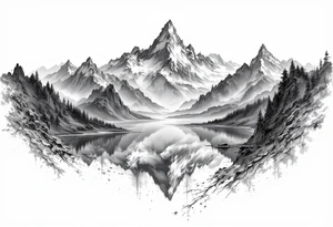 large lake with multiple mountains portrait sizing tattoo idea