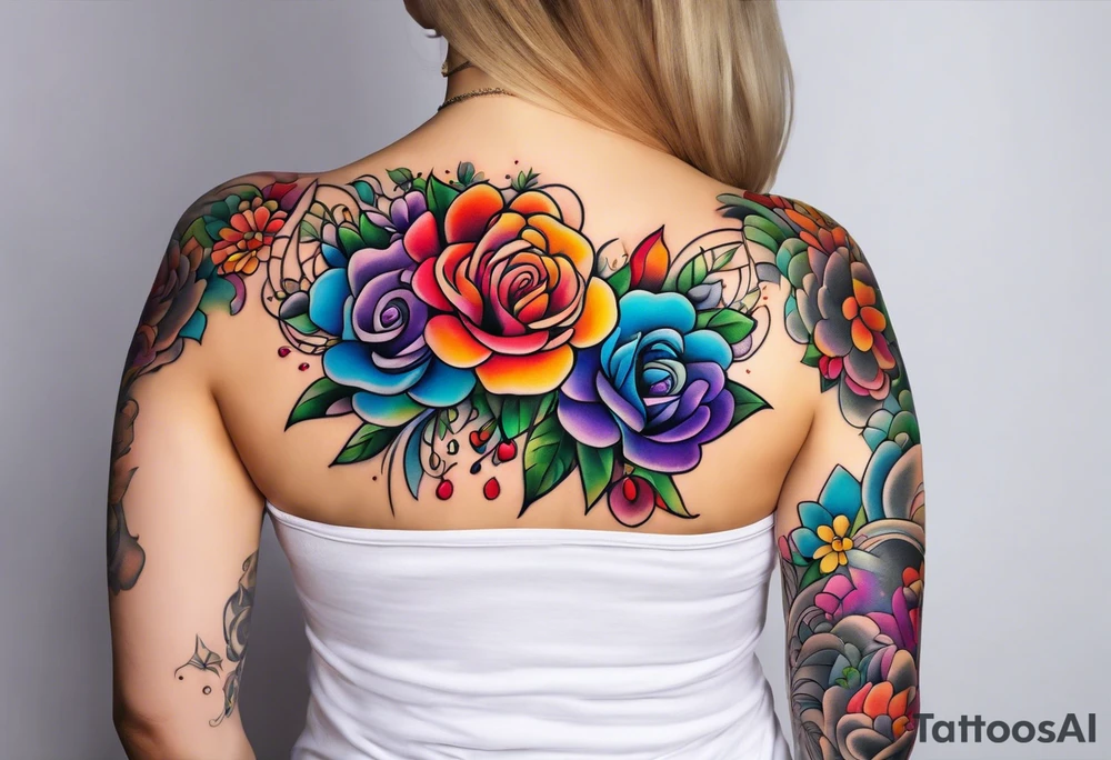 Arm sleeve dedicated to mom with rainbow flowers tattoo idea