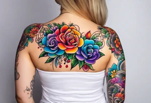 Arm sleeve dedicated to mom with rainbow flowers tattoo idea