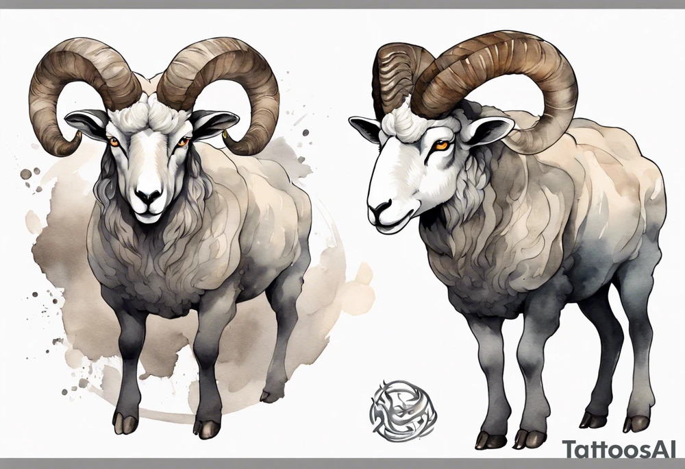 a large man wearing a grey tunic with the head of a big horned sheep and hooves for feet tattoo idea