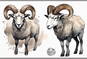a large man wearing a grey tunic with the head of a big horned sheep and hooves for feet tattoo idea