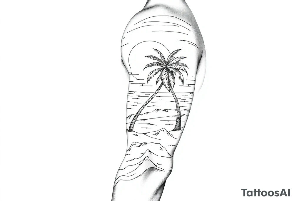 fine line, peaceful, serene, timeless, ocean, sand, palm tree, sun tattoo idea