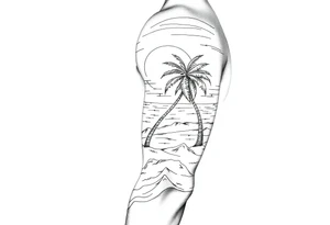 fine line, peaceful, serene, timeless, ocean, sand, palm tree, sun tattoo idea