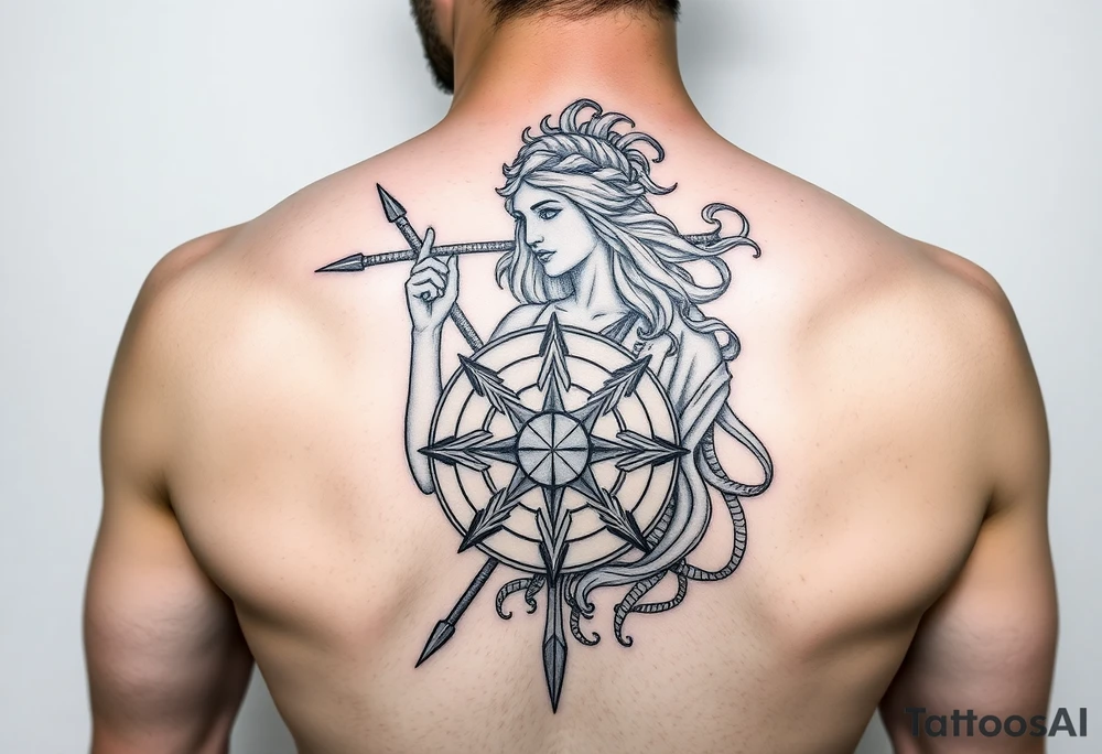 Athena goddess of war and wisdom with her Medusa shield and spear as a women’s sleeve tattoo idea