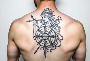 Athena goddess of war and wisdom with her Medusa shield and spear as a women’s sleeve tattoo idea