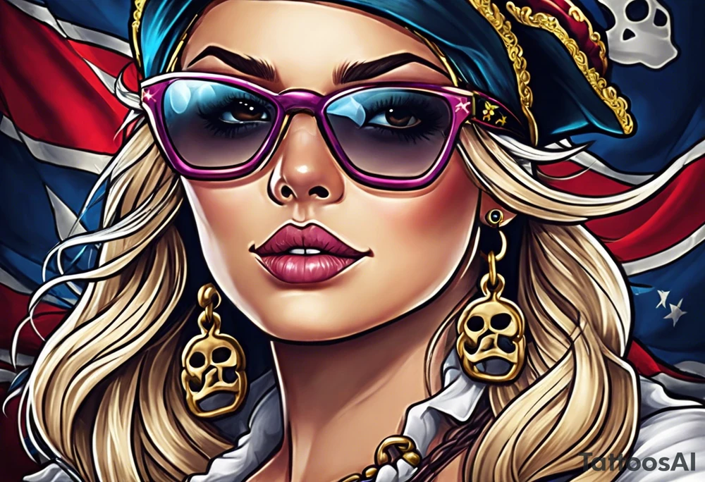 create a pirate flag with a feminine skull with two blonde pigtails and crossbones  wearing glasses tattoo idea